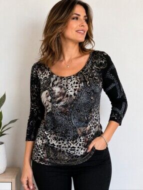 Alberto Makali Mixed Print Animal Paisley Embellished Stretch Top Women’s L